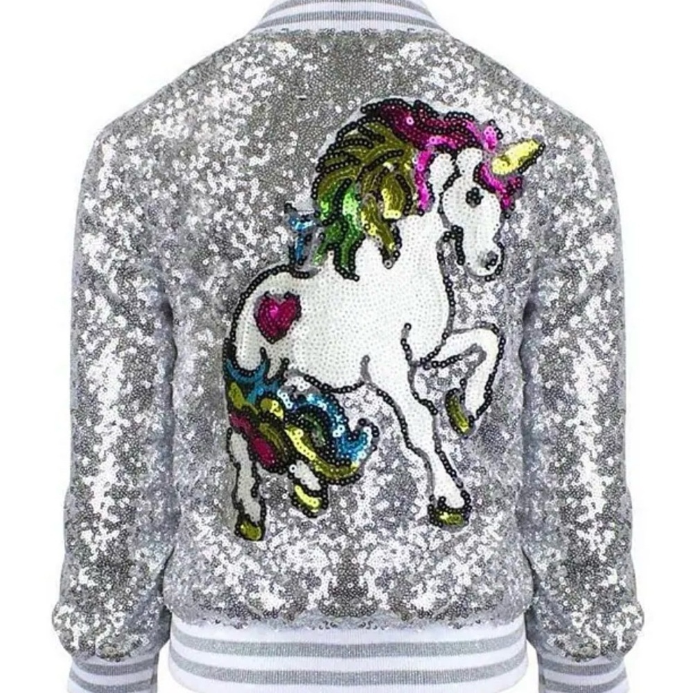 Lola + The Boys Silver Sequin Unicorn Bomber Jacket Star Appliqué Size 14 Glam